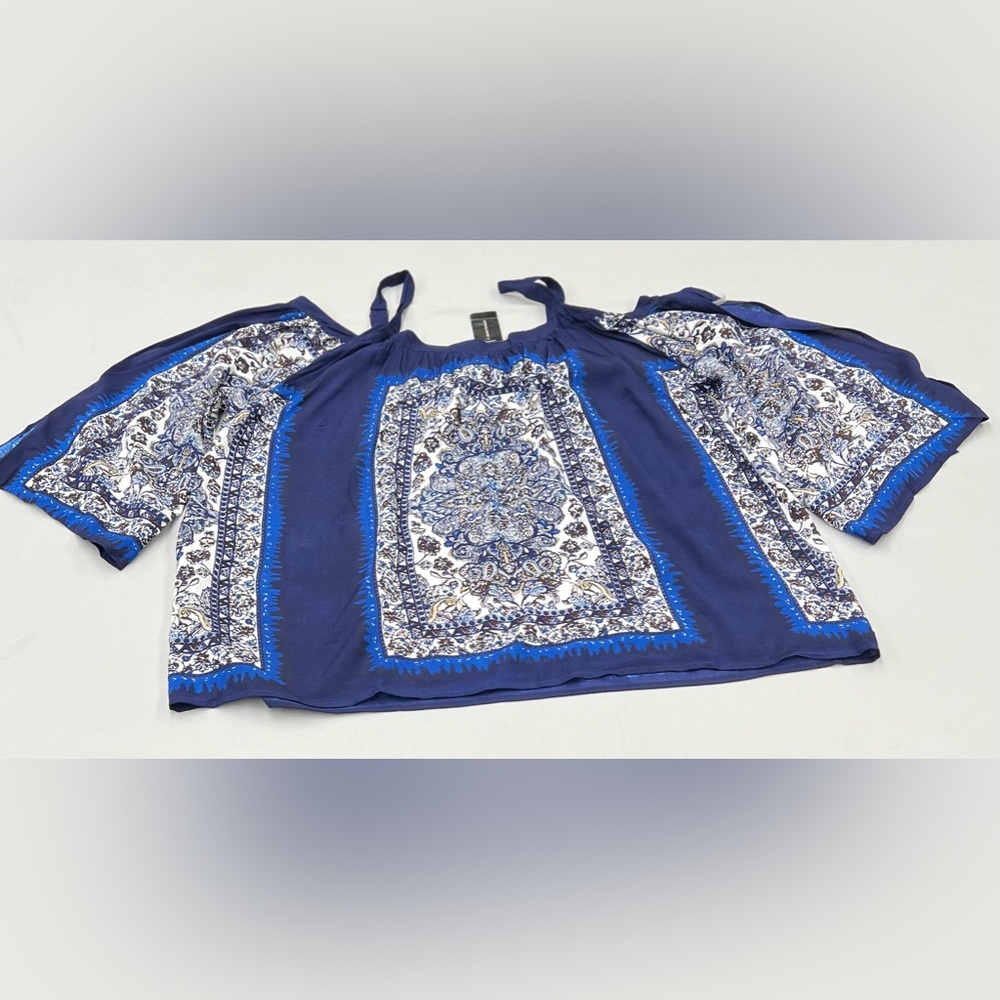 Ashley Stewart Scarf Print Cold Shoulder With Straps Blue Blouse Size 26/28